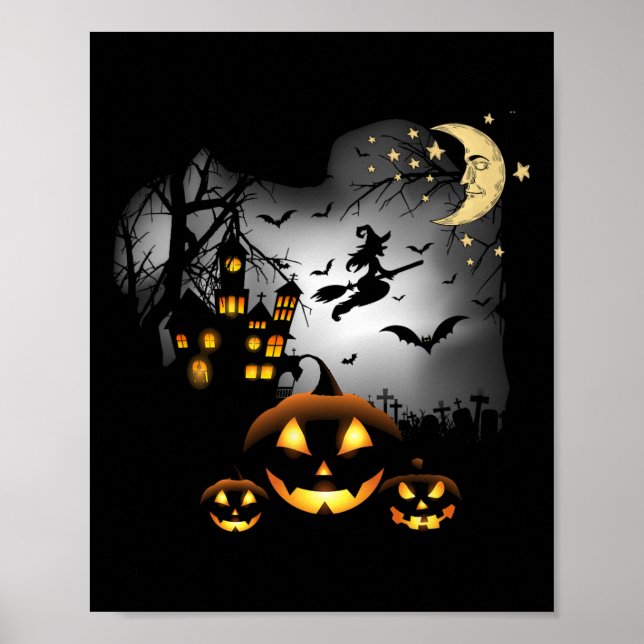 Affiche Maison hantée - Sorcière volante - Jack-o'-lantern (Devant)