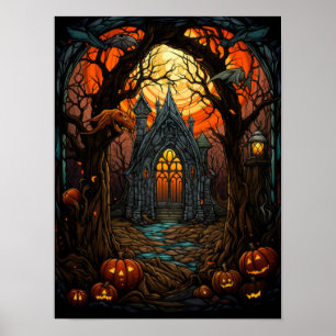 Affiche Maison hantée vitrail Halloween Art gothique