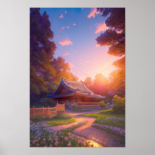 Affiche Maison paisible en bois au coucher du soleil (Devant)