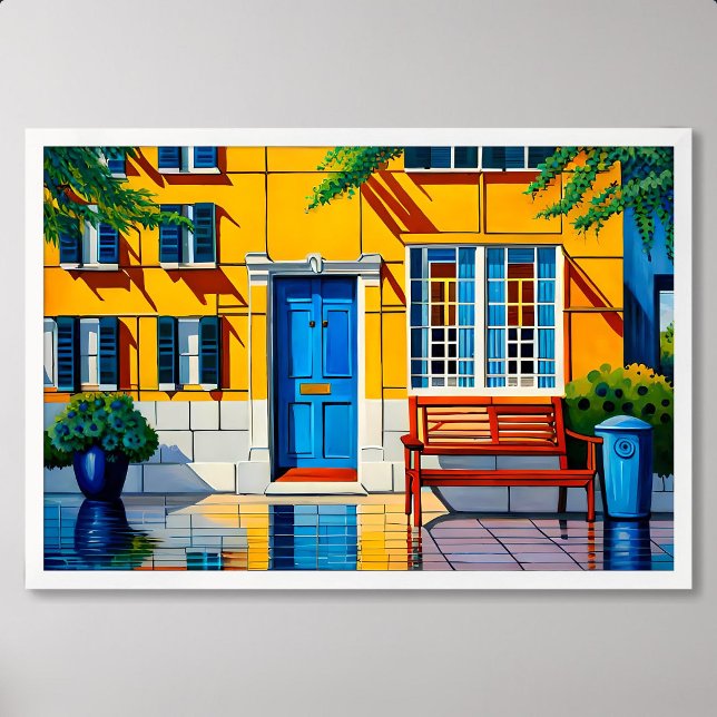 Affiche maison peinture vue porte bleue pot décoratif plan (house painting view blue door decorative pot plant)