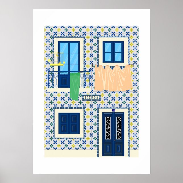 Affiche Maison portugaise de Lisbonne avec tuiles et oisea (Devant)