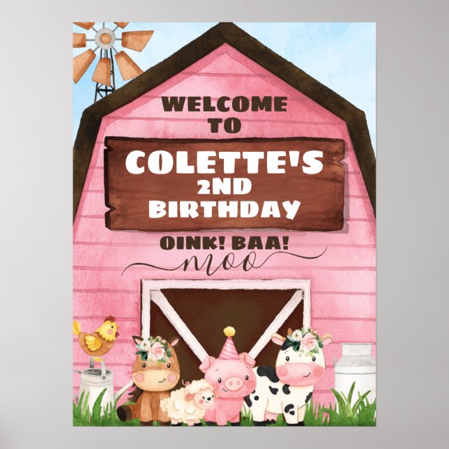 Affiche Maison rose Oink Baa Moo Ferme Anniversaire Bienve (Devant)