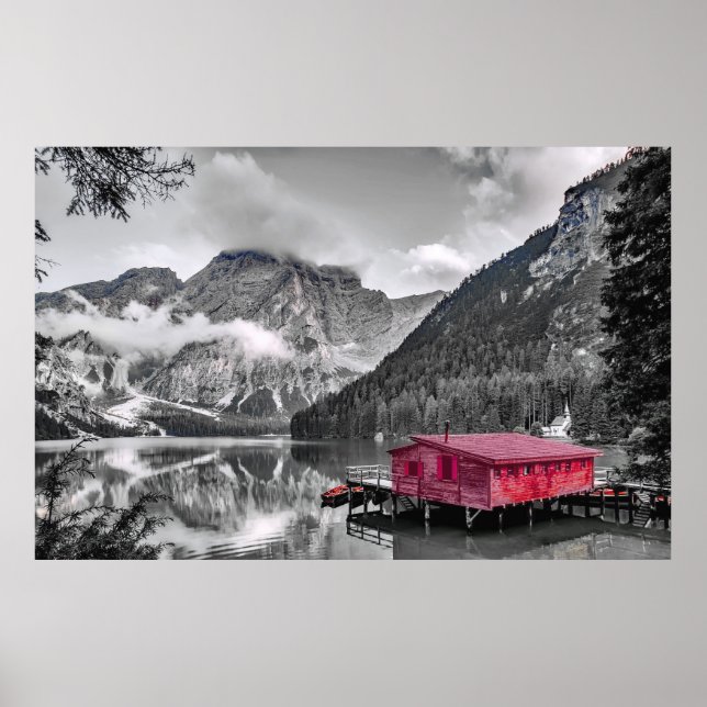 Affiche Maison Rouge Montagne Noir Blanc Monochrome (Devant)