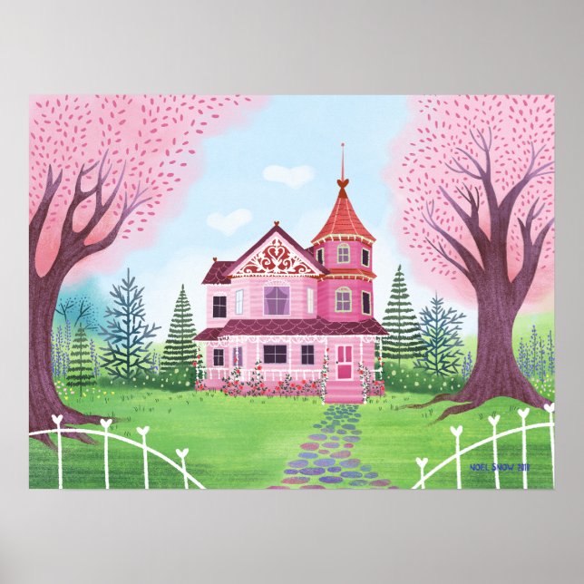 Affiche Maison victorienne rose & Fleur de cerisier (Devant)