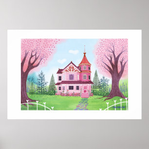 Affiche Maison victorienne rose & Fleur de cerisier Grande