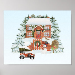Affiche Maison vintage Joyeux Noël Neige hiver Scène