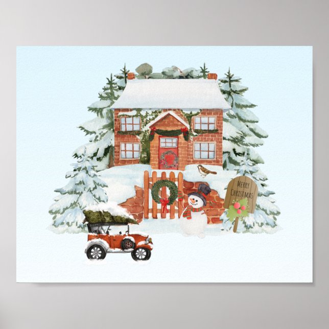 Affiche Maison vintage Joyeux Noël Neige Scène d'hiver  (Devant)
