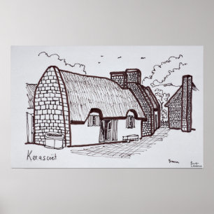 Affiche Maisons à toit de chaume, Kerascoet Bretagne, Fr