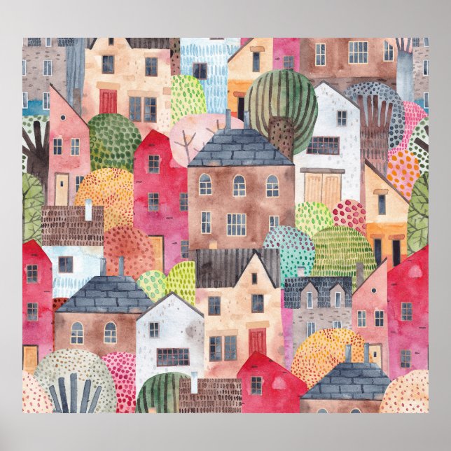 Affiche Maisons Abstraites : Aquarelle Arrière - plan sans (Devant)