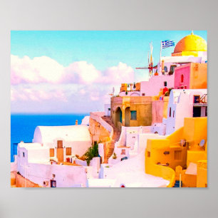Affiche Maisons colorées Oia Santorin, Grèce Photographie