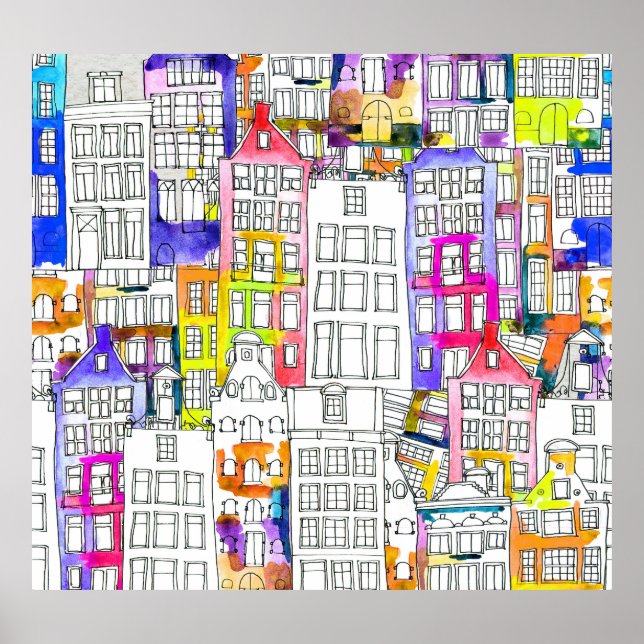 Affiche Maisons d'Amsterdam : Aquarelle Motif sans couture (Devant)
