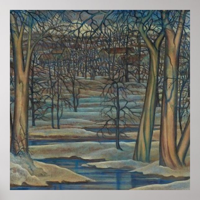 Affiche Maisons dans un paysage de rivière d'hiver Barren (Devant)