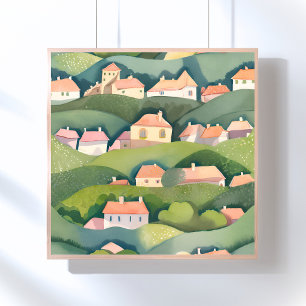 Affiche Maisons de coteau Peinture aérée aquarelle natur