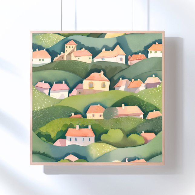 Affiche Maisons de coteau | Peinture aérée aquarelle natur (Créateur téléchargé)