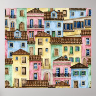 Affiche Maisons de Lisbonne : Aquarelle Motif funiculaire.