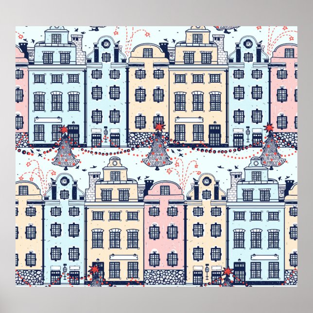 Affiche Maisons de Noël, motif festif vintage. (Devant)