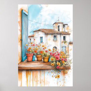 Affiche Maisons de village Illustration Pastel Dessin coul