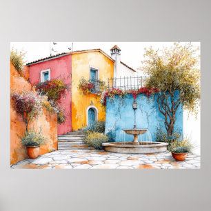 Affiche Maisons de village Illustration Pastel Dessin coul