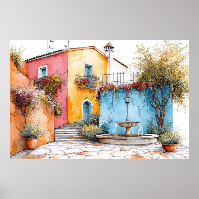 Affiche Maisons de village Illustration Pastel Dessin coul (Devant)