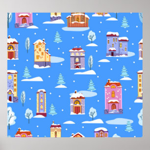 Affiche Maisons d'hiver scandinave Motif de neige