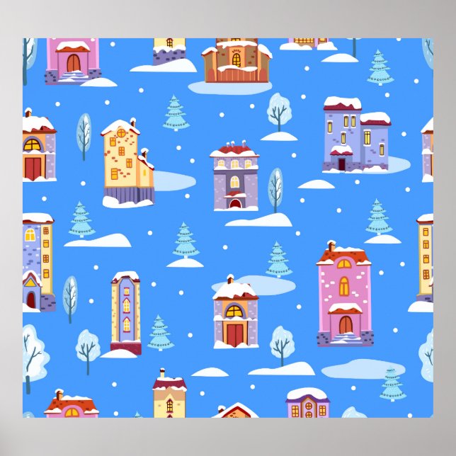 Affiche Maisons d'hiver scandinave Motif de neige (Devant)