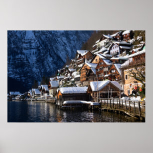 Affiche Maisons en bois au bord du lac à Hallstatt, Autric