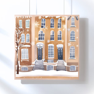 Affiche Maisons en grès brun Rue de la ville enneigée aq