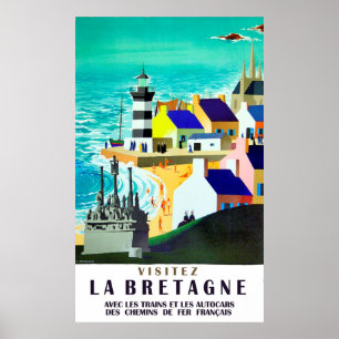 Affiche Maisons et phare sur la côte bretonne, France
