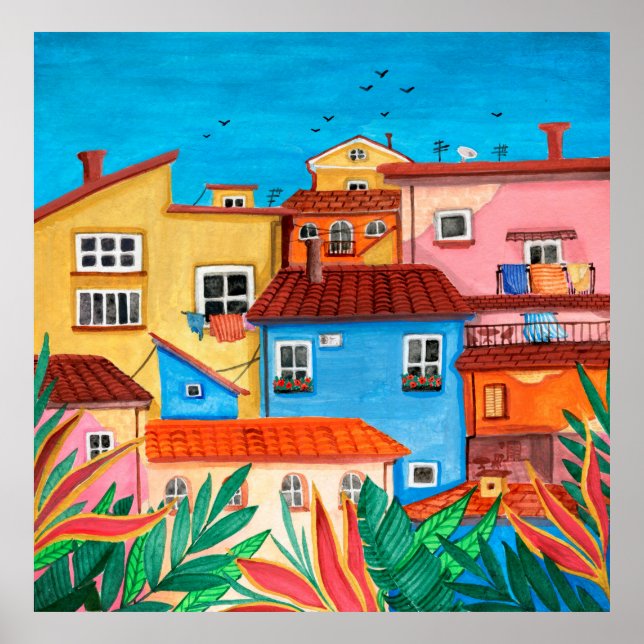 Affiche Maisons italiennes. Gouache tirée à la main (Devant)