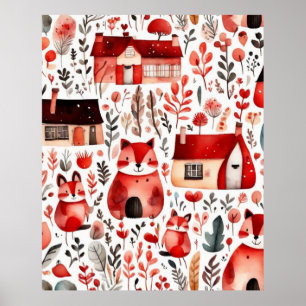 Affiche Maisons rouges et maisons mignonnes Feuille de pap