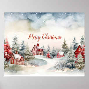 Affiche Maisons rouges Pins verts Paysage de Noël