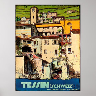 Affiche Maisons tessinoises devant le port de la ville,Sui