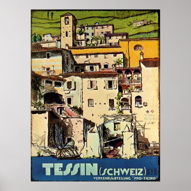Affiche Maisons tessinoises devant le port de la ville,Sui (Devant)