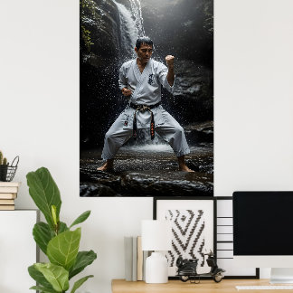 Affiche Maître de karaté exécutant un kata sous une cascad