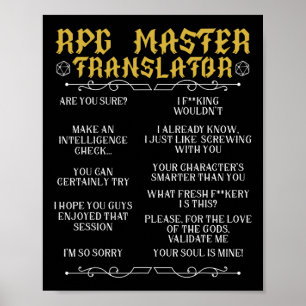 Affiche Maître de Rpg Traducteur Jeux de société D20 Drôle