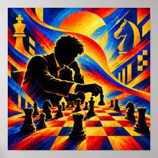 Affiche Maître d'échecs faisant un mouvement en silhouette