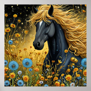 Affiche Majestic Black Stallion au milieu de Fleurs sauvag
