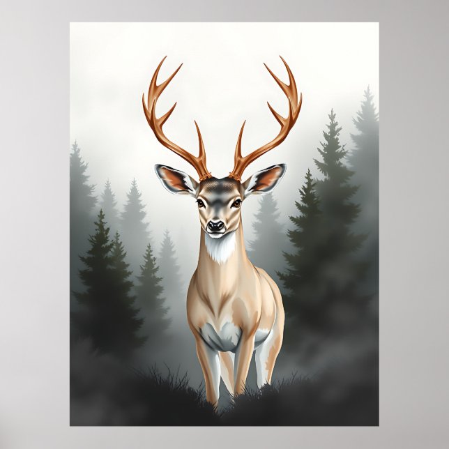 Affiche Majestic Deer in Misty Forest – Tranquil Wildlife  (Devant)