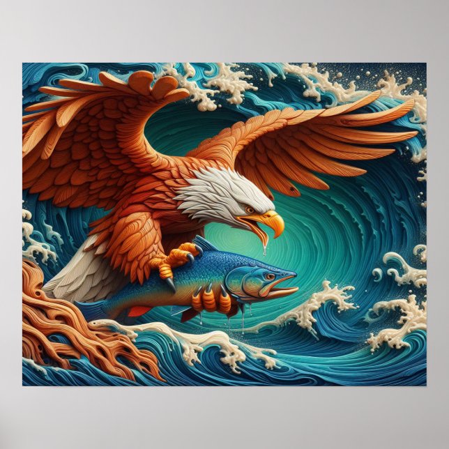Affiche Majestic Eagle Fishing dans une vague 20x16 (Devant)