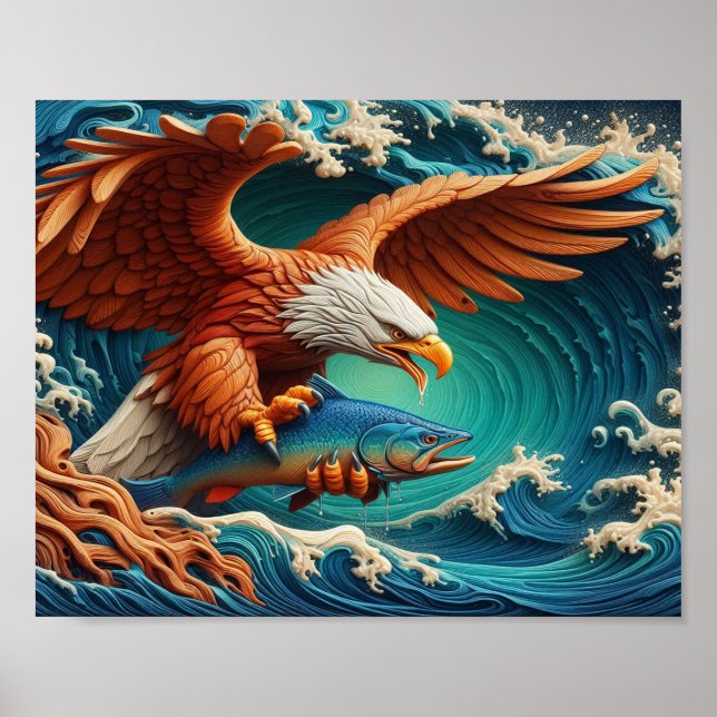 Affiche Majestic Eagle Fishing en vague 10x8 (Devant)