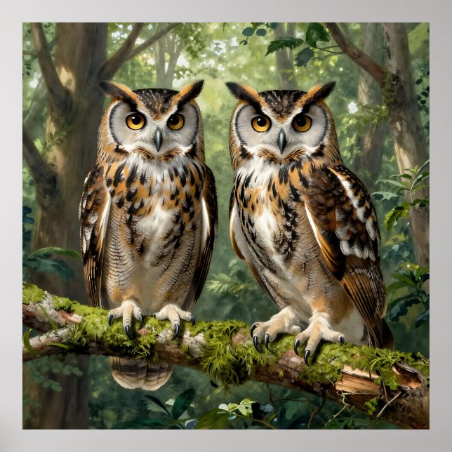Affiche Majestic Eagle Owls Forest Perch (Devant)