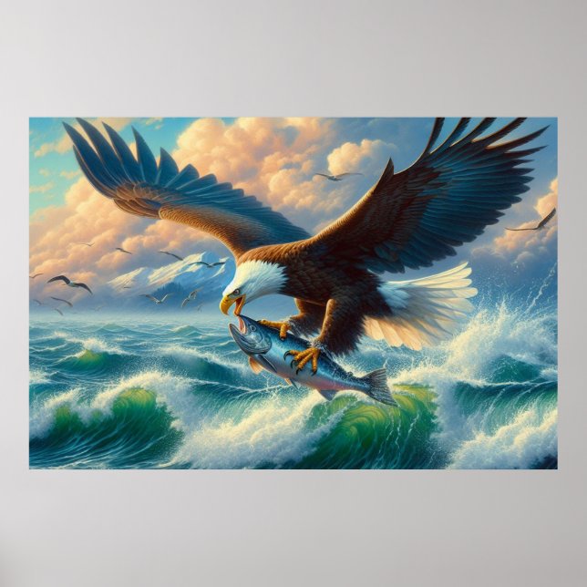 Affiche Majestic Eagle Swooping Down to Catch Fish 20x16 (Devant)