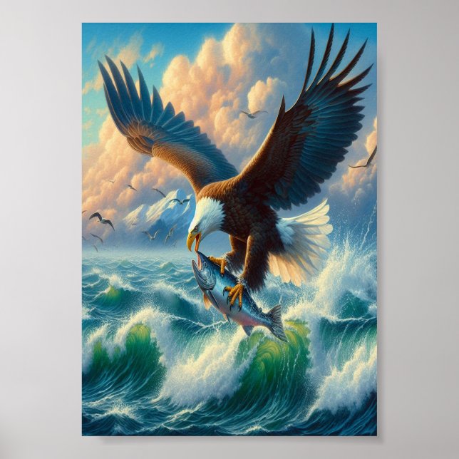 Affiche Majestic Eagle Swooping Down to Catch Fish 5"x7" (Devant)