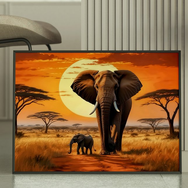 Affiche Majestic Elephant et Calf African Sunset (Créateur téléchargé)