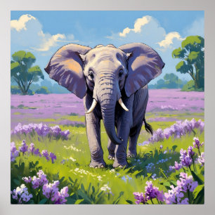 Affiche Majestic Elephant marcher dans Lilac Field Peintur