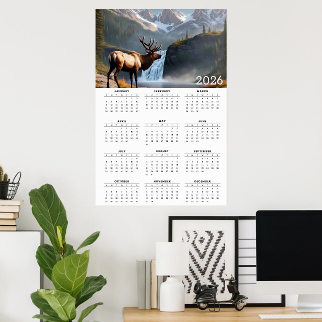 Affiche Majestic Elk & Mountain Waterfall 2026 Calendar (Bureau à domicile)