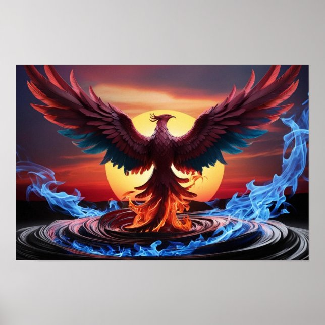 Affiche Majestic Phoenix Rising from Fiery Depths Sunset (Devant)