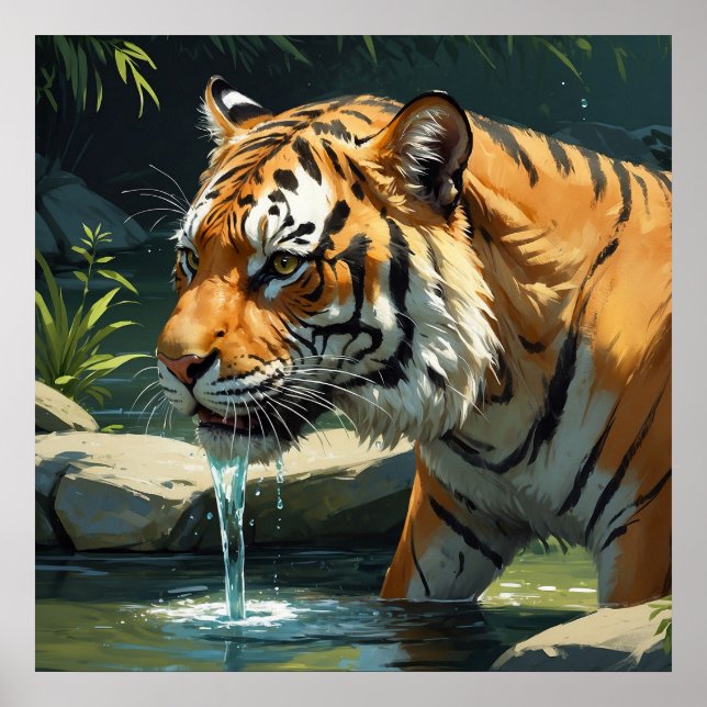 Affiche Majestic Tiger Boire de l'eau de la rivière Peintu (Devant)