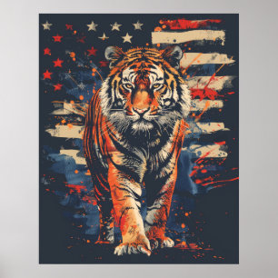 Affiche Majestic Tiger debout fièrement par le drapeau amé