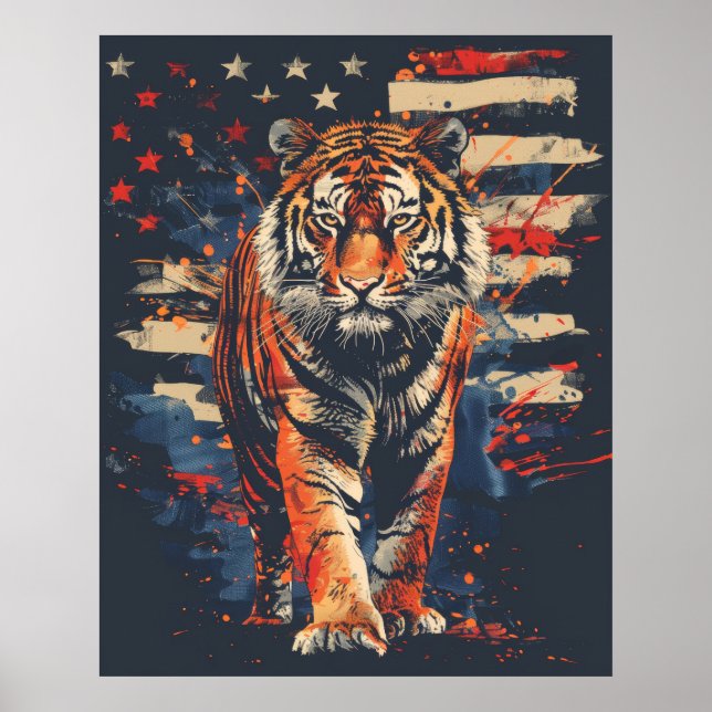 Affiche Majestic Tiger debout fièrement par le drapeau amé (Devant)